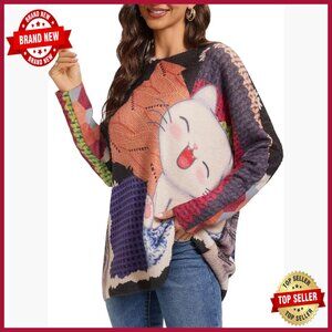 Oversized Long Sleeve Graphic Knit Pullover Sweater, Loose Fit Boho Top